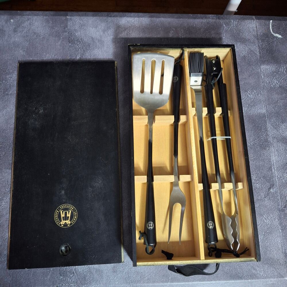 Schmidt Brothers Barbecue 4 Pc BBQ Grill Tool Set Wooden Storage Box Black